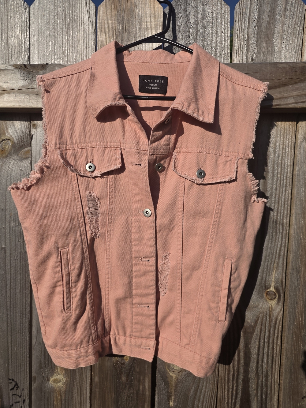 Love Tree Dusty Rose Distressed Sleeveless Denim Vest